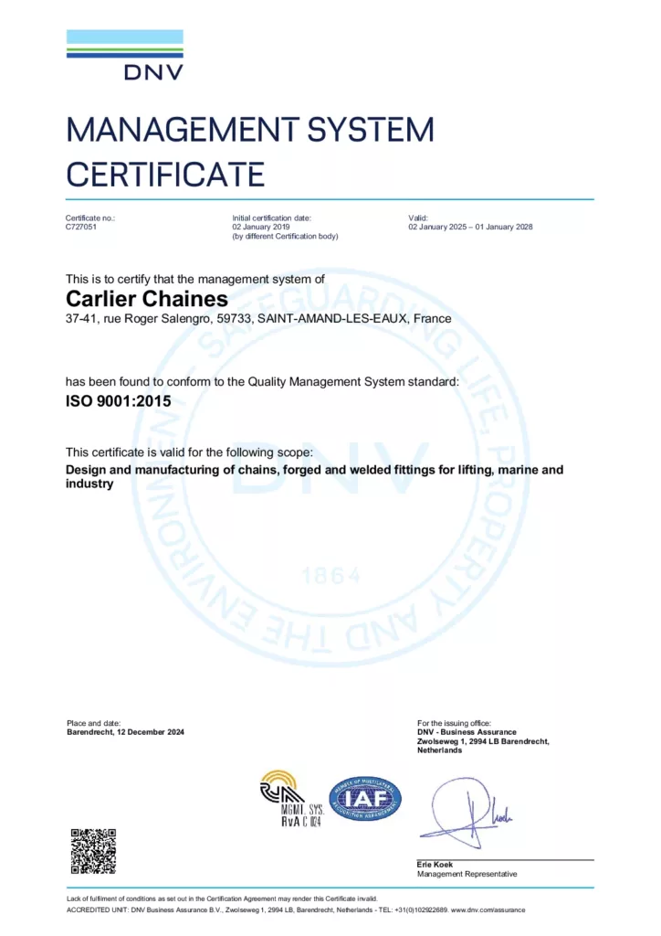 Certificat d'approbation par la société LRQA selon les normes suivantes : ISO 9001:2015